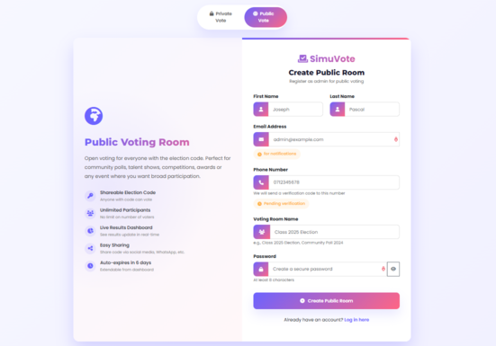 Admin creating public voting room