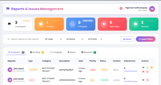Reports and spam management